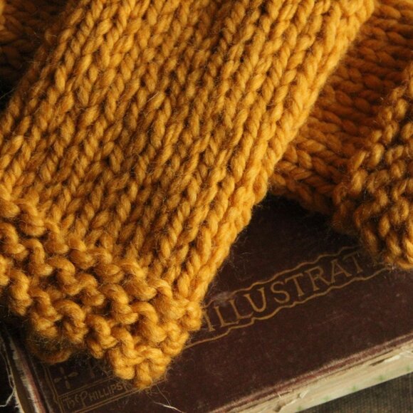 Hand Knit Fingerless Gloves, Armwarmers in Mustard Yellow Yarn, Womens - Picture 3 of 9